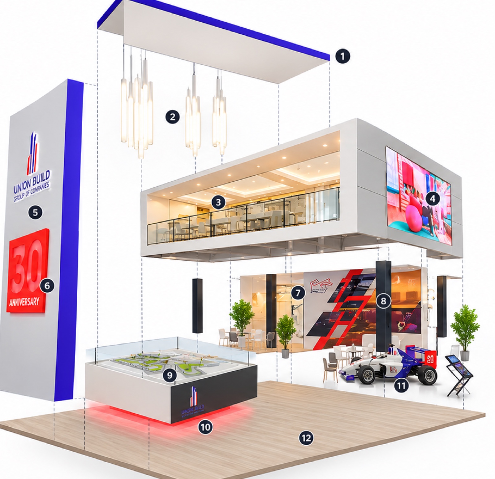 Exploded axonometric view of a double-deck exhibition stand